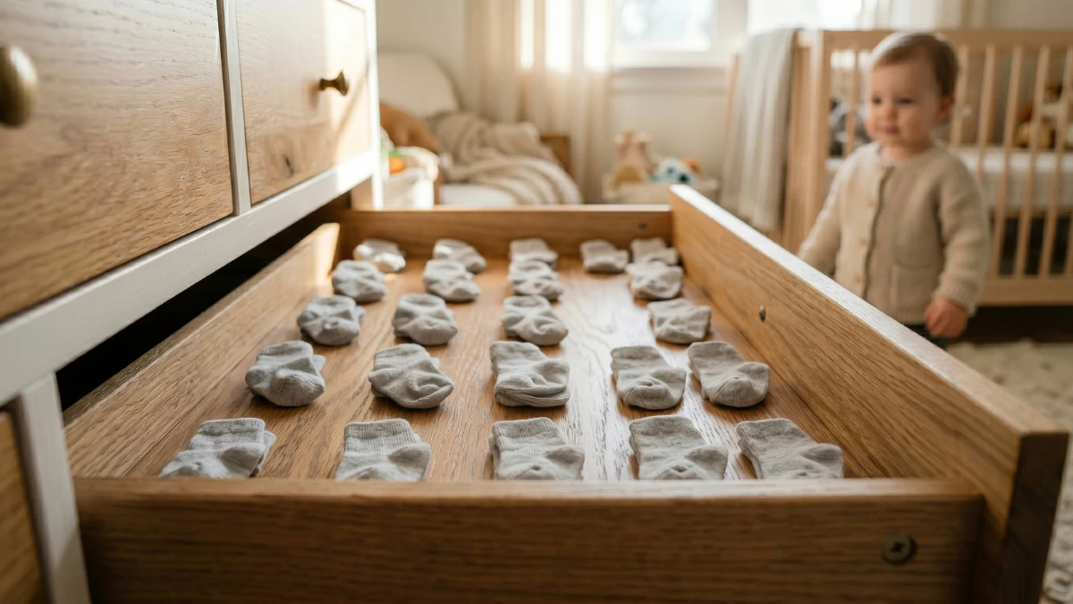 An open wooden dresser drawer filled with neatly arranged identical grey children's socks, with a toddler standing in the softly blurred background of a modern nursery.