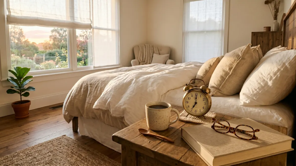 A cozy, sunlit bedroom featuring a wooden nightstand with an analog alarm clock, a cup of coffee, and a book, representing a screen-free morning routine.