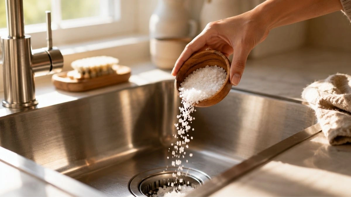 A person's hand gently pouring coarse white salt from a small wooden bowl directly into a stainless steel kitchen sink drain in a sunlit kitchen.