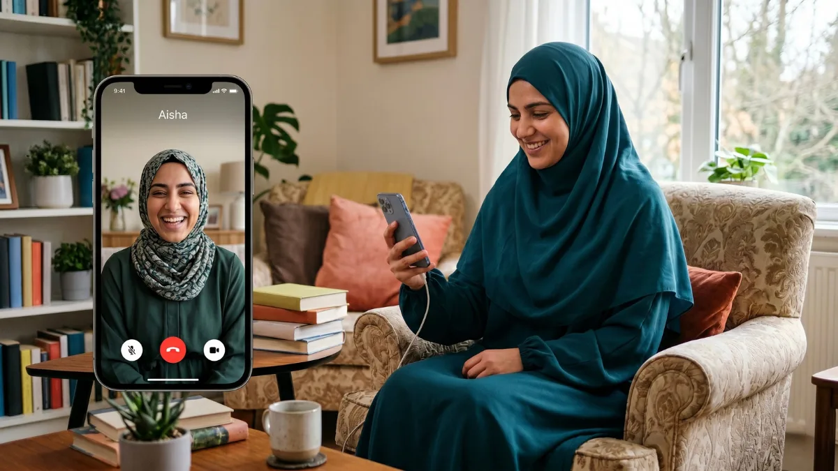 A smiling Muslim woman in a green hijab sitting in a cozy living room, making a video call on her smartphone to gracefully reschedule canceled plans with a friend.