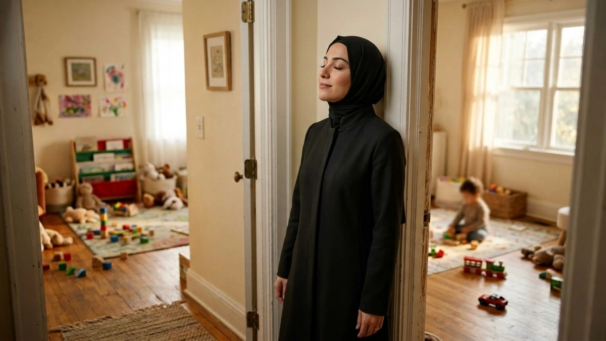A calm mother with her eyes closed taking a deep breath leaning against a doorframe, practicing the reverse timeout hack, with a messy children's playroom softly blurred in the background.