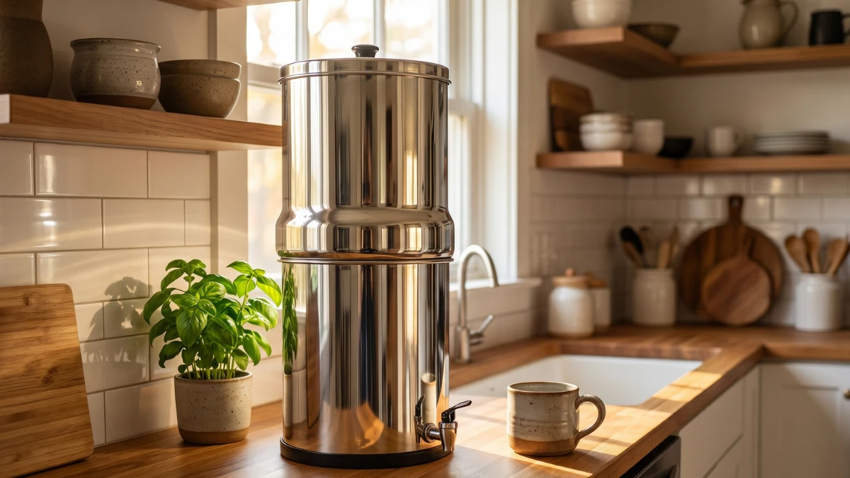 Stop Paying for Bottled Water: The Best Filter Options for a Healthier Home (and Wallet) 1 A shiny, large stainless steel gravity water filter sitting on a rustic modern wooden kitchen countertop, surrounded by natural sunlight and fresh kitchen herbs.
