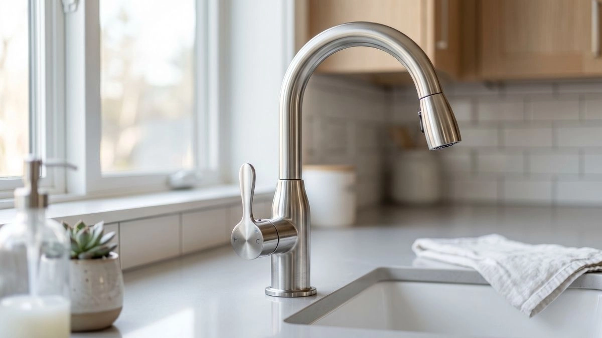 A sparkling clean, gleaming stainless steel kitchen faucet in a bright modern kitchen.