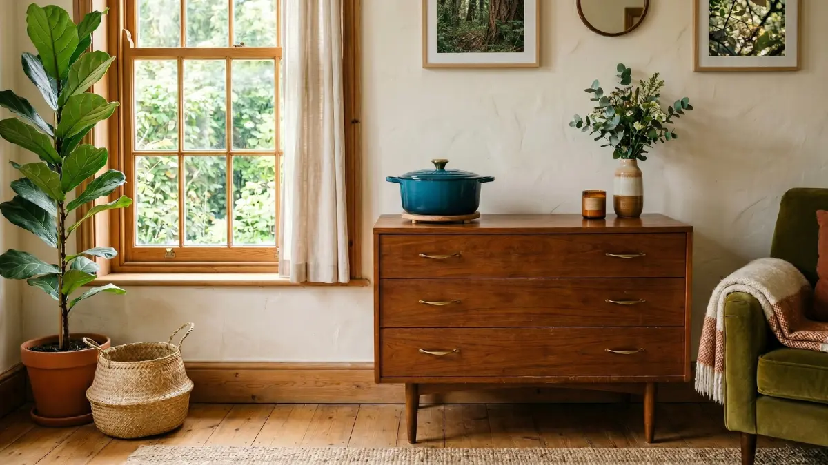 Vintage mid-century wooden dresser and blue enamel dutch oven in a sunlit room representing quality second-hand finds.
