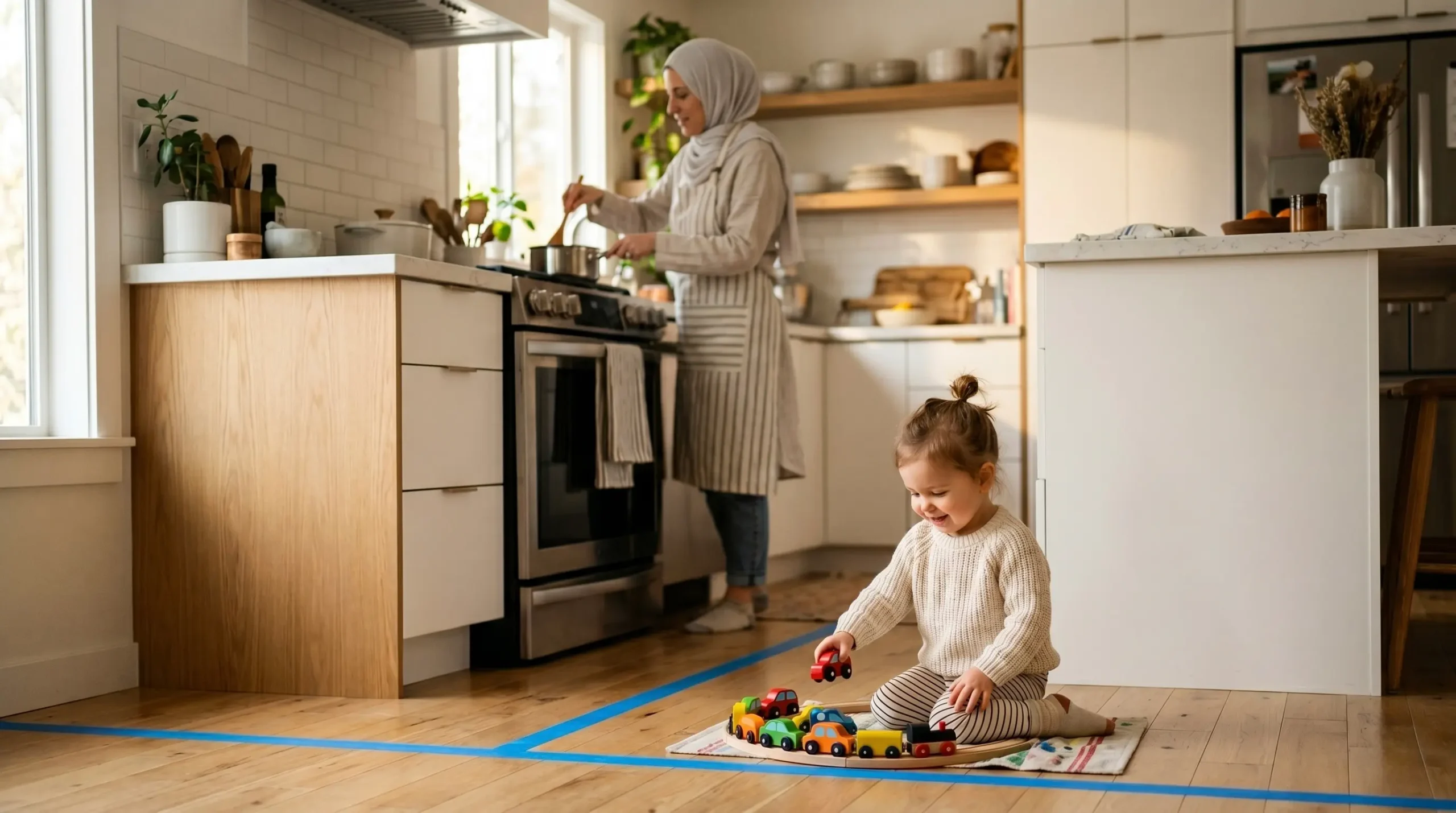 A toddler playing safely with toy cars behind a blue tape line on the kitchen floor while a mother cooks in the background.