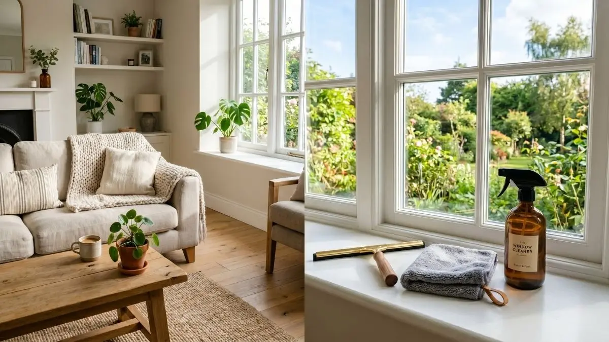 A split view of a cozy, sunlit living room and a pristine window sill featuring a brass squeegee, amber spray bottle, and microfiber cloth used for cleaning stubborn window condensation stains.