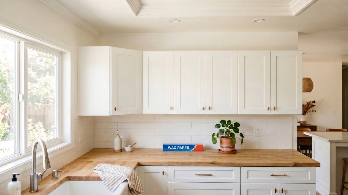 A bright, modern kitchen featuring white upper cabinets with a visible gap below the ceiling. A roll of wax paper rests on the clean wooden countertop, illustrating a clever cleaning hack to prevent grease buildup on high surfaces.
