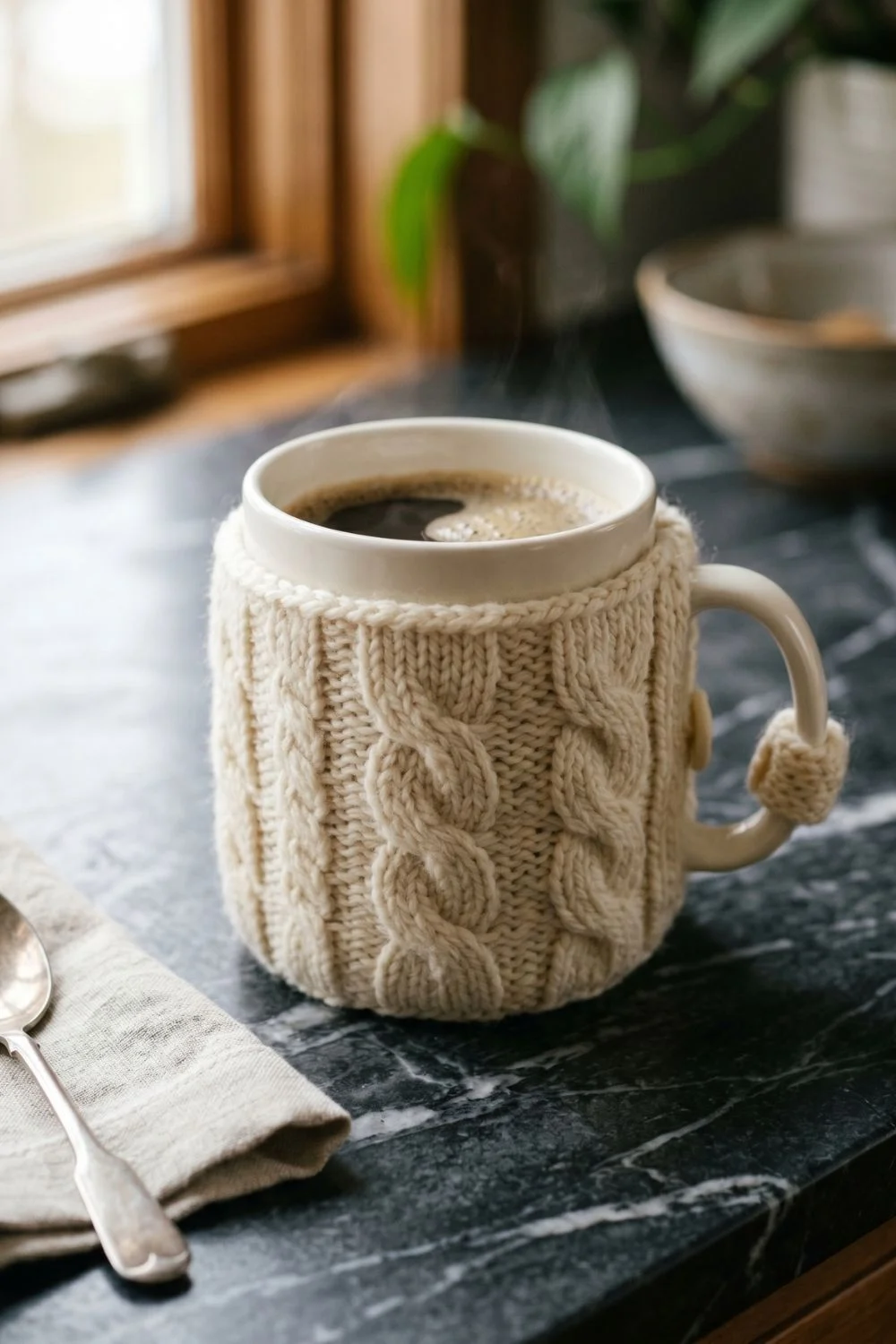 Ivory cable knit cozy wrapping a minimalist white ceramic mug on a dark marble surface.
