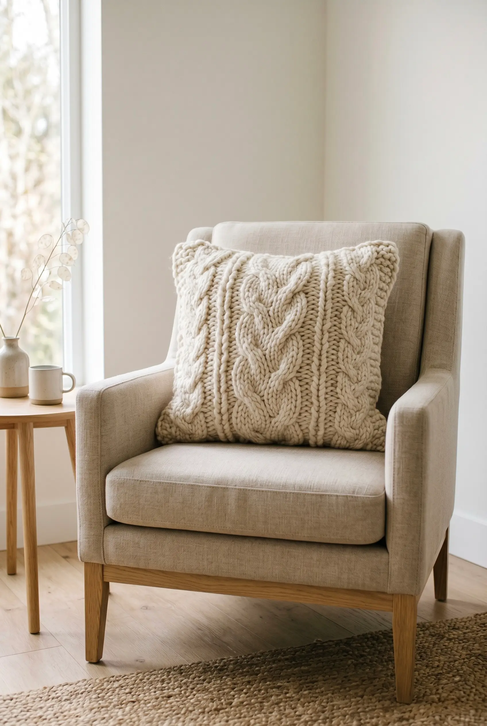 5 Ways Rustic Knitted Throw Pillows Can Completely Upgrade Your Sofa 1 An oversized, chunky cable knit throw pillow in creamy off-white placed on a smooth linen armchair.