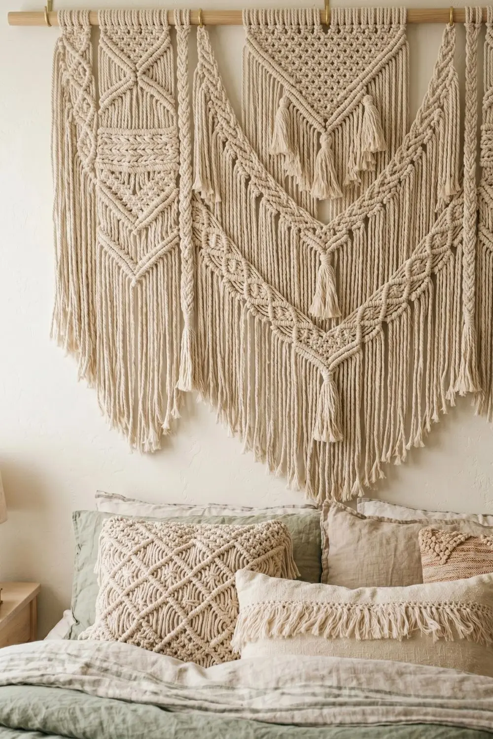5 Stunning Boho Crochet Wall Hangings to Transform Your Bedroom Retreat 1 A vertical close-up shot of a luxurious, heavily textured cotton macrame wall hanging acting as a visual headboard, positioned directly behind neutral pillows in a bright bedroom.