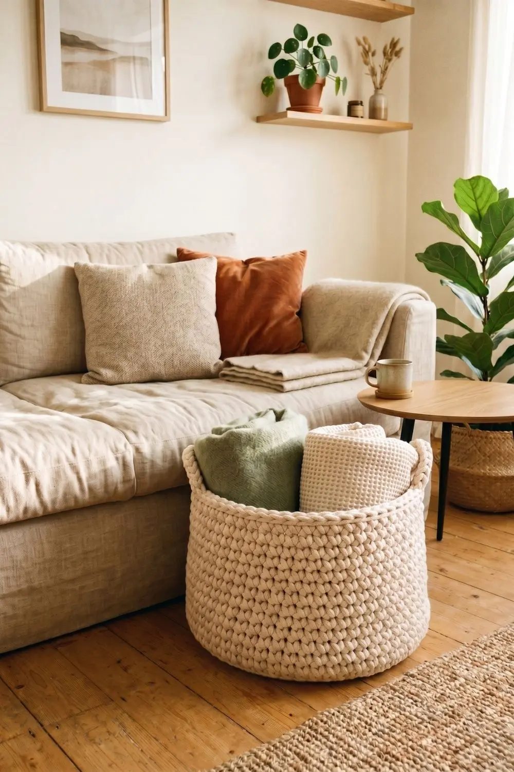 9 Crochet Basket Ideas for Every Room: When Storage Finally Looks Like Decor 1 Large chunky crochet basket beside a linen sofa holding folded throws