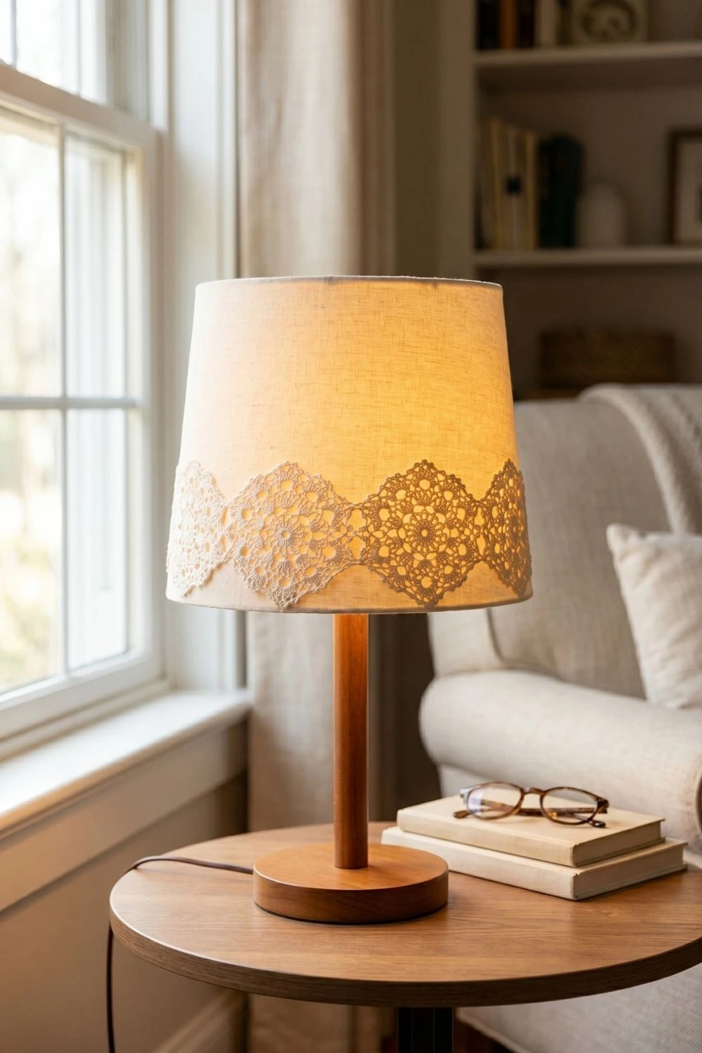 Cream linen lampshade with ivory crochet doilies trimmed along its lower edge, lit from within on a wooden side table