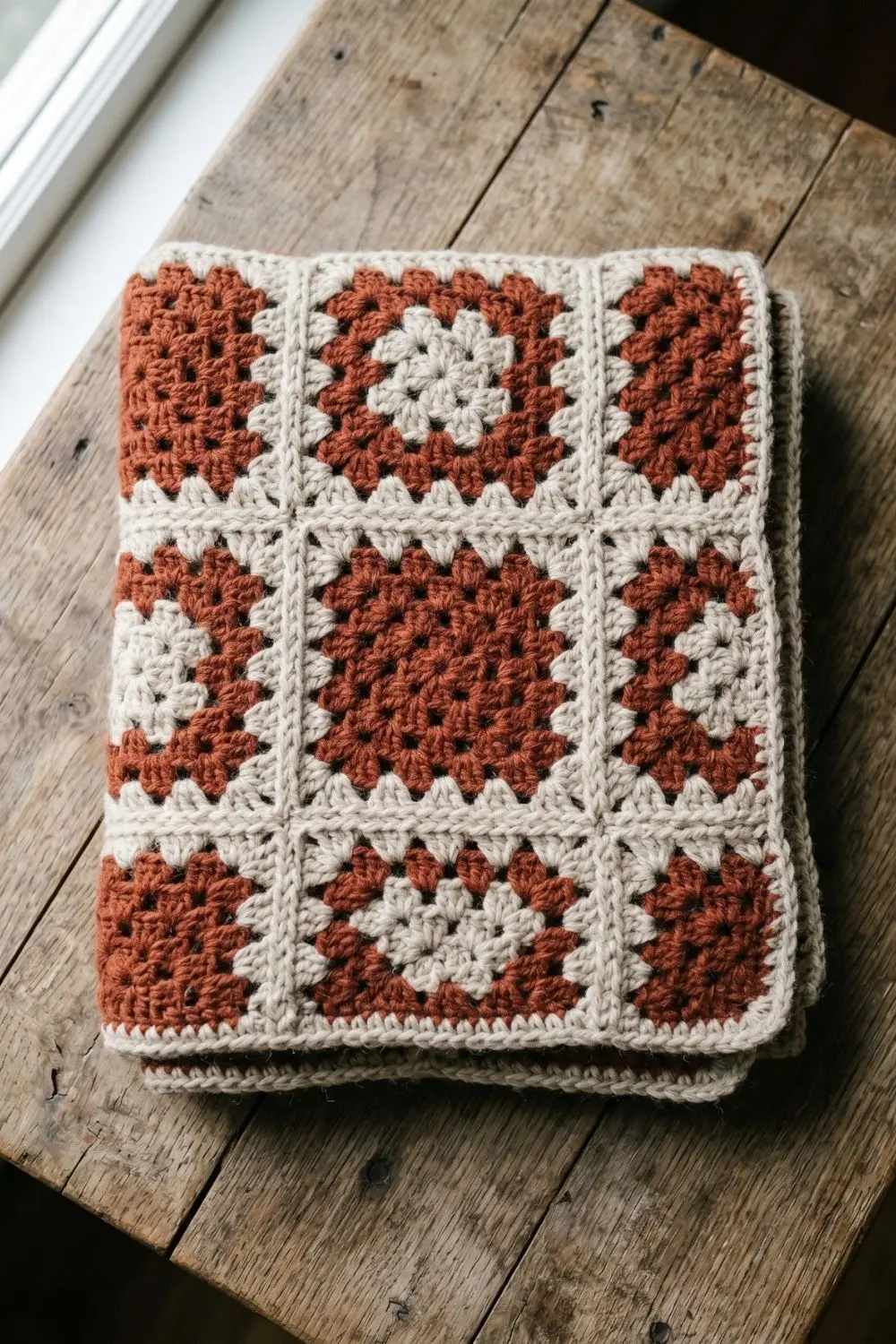 Granny Square, All Grown Up: Modular Crochet Designs Worth Showing Your Artisan 1 Folded granny square throw blanket in a two-colour palette of deep terracotta and undyed natural wool on a weathered wooden surface in soft natural light.