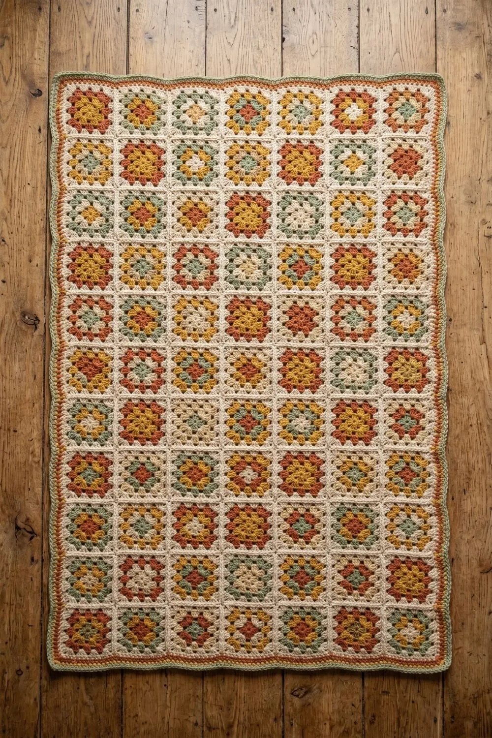 6 Crochet Rugs That Recall Grandmother's Living Room 1 Granny square patchwork crochet rug in warm mismatched colours