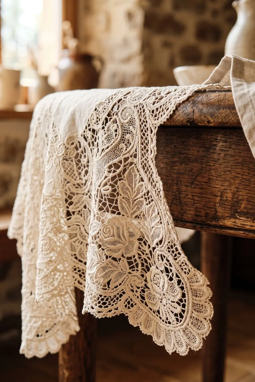 Close-up of an ivory lace tablecloth with a rose pattern draped over a rustic wood table