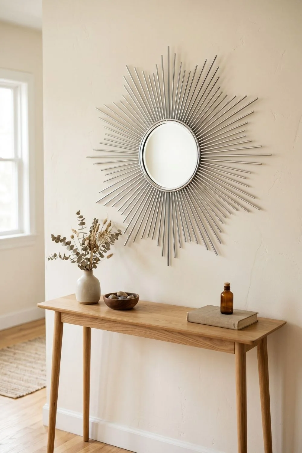 6 Neo Deco Accents Bringing Chrome and Geometric Lines Indoors 2 Chrome-framed sunburst mirror with radiating rays above a wooden console table
