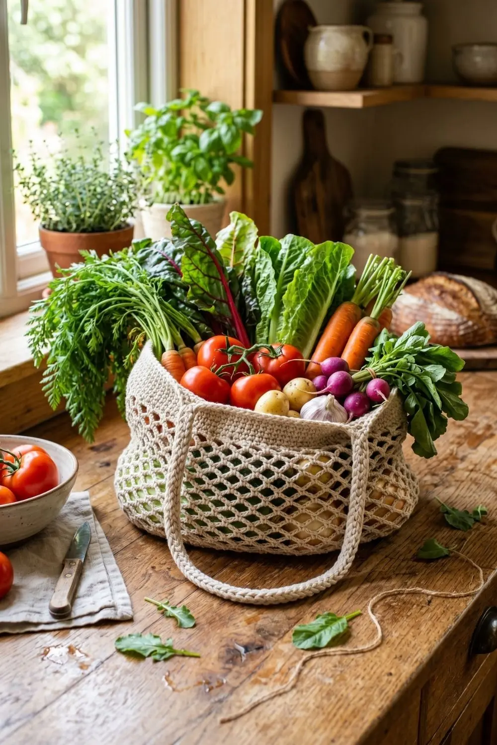 6 Kitchen Crochet Tote Bags for Everyday Use: Styles Worth Sharing With an Artisan 1 Open mesh crochet tote bag filled with fresh vegetables on a wooden counter