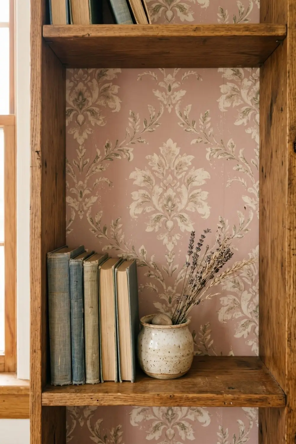 A peel-and-stick vintage pink damask wallpaper panel lining the back of a wooden bookshelf, with a row of vintage hardback books and a speckled ceramic vase holding dried lavender