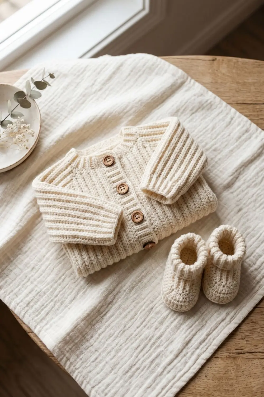 Cream ribbed crochet newborn cardigan with wooden buttons alongside a matching beanie and booties on white muslin cloth, natural light