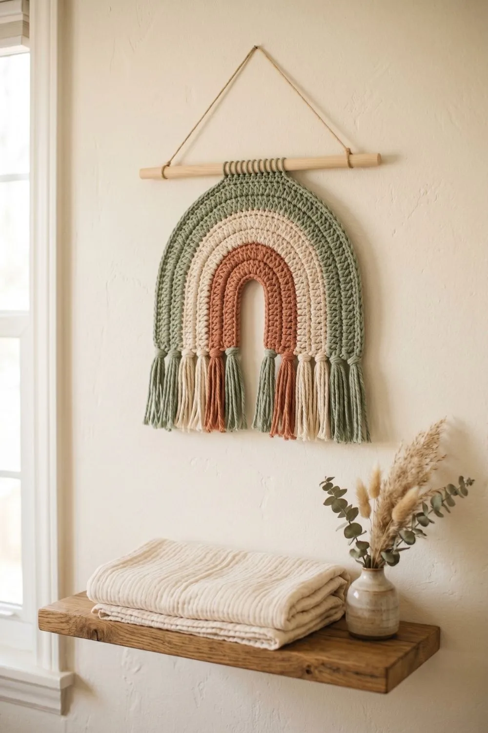 8 Crochet Wall Hanging Ideas for a Calm Nursery Corner: Soft Designs Worth Saving 1 Crochet scalloped arch wall hanging in muted sage and cream for a nursery corner