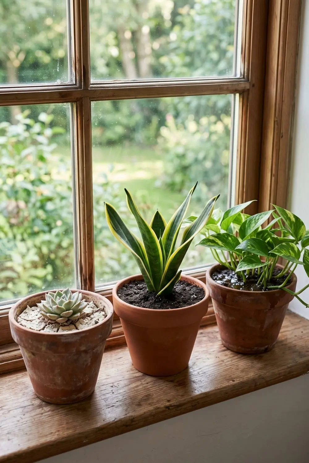 Three houseplants in terracotta pots on a windowsill with visibly different soil moisture levels