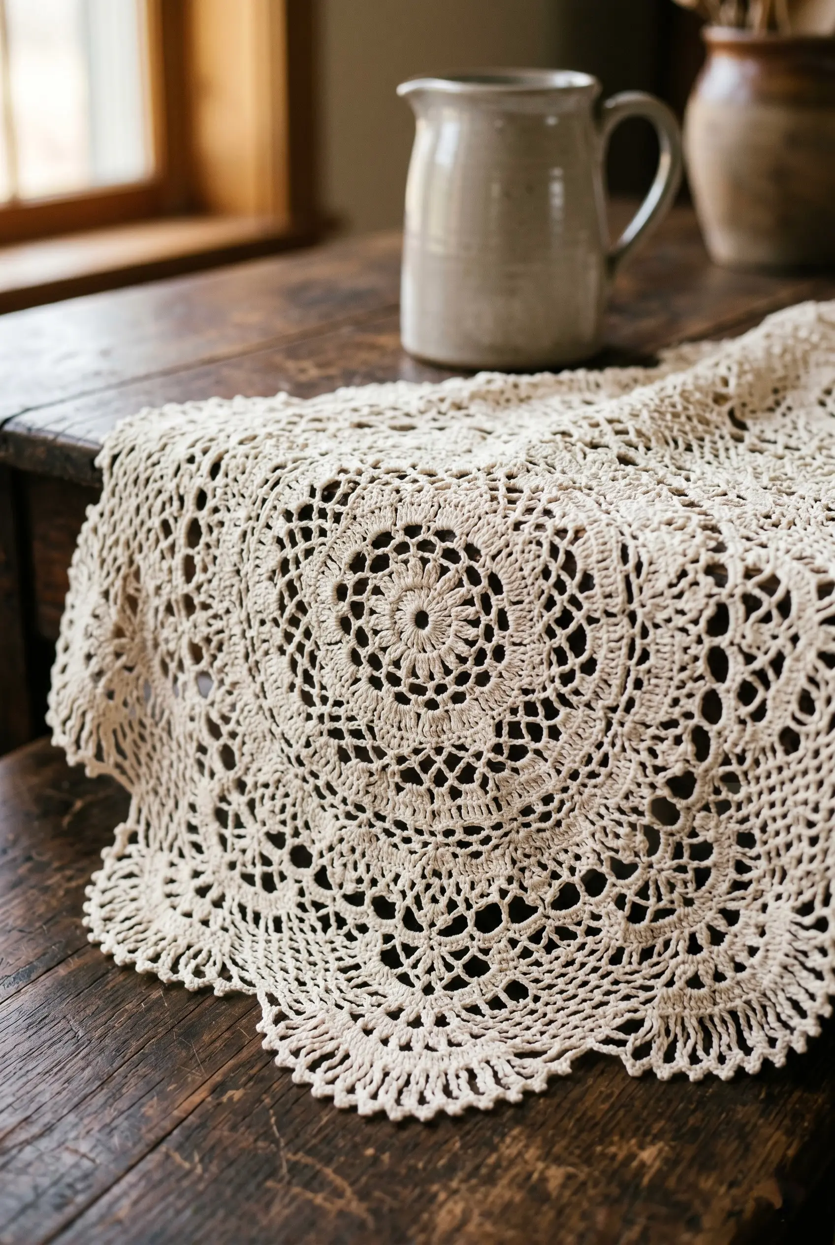 5 Vintage Aesthetics: Crochet Tablecloth Designs for Elegant Dining 1 Close-up vertical shot of intricate circular medallion patterns of a cotton crochet tablecloth resting on dark rustic oak wood.