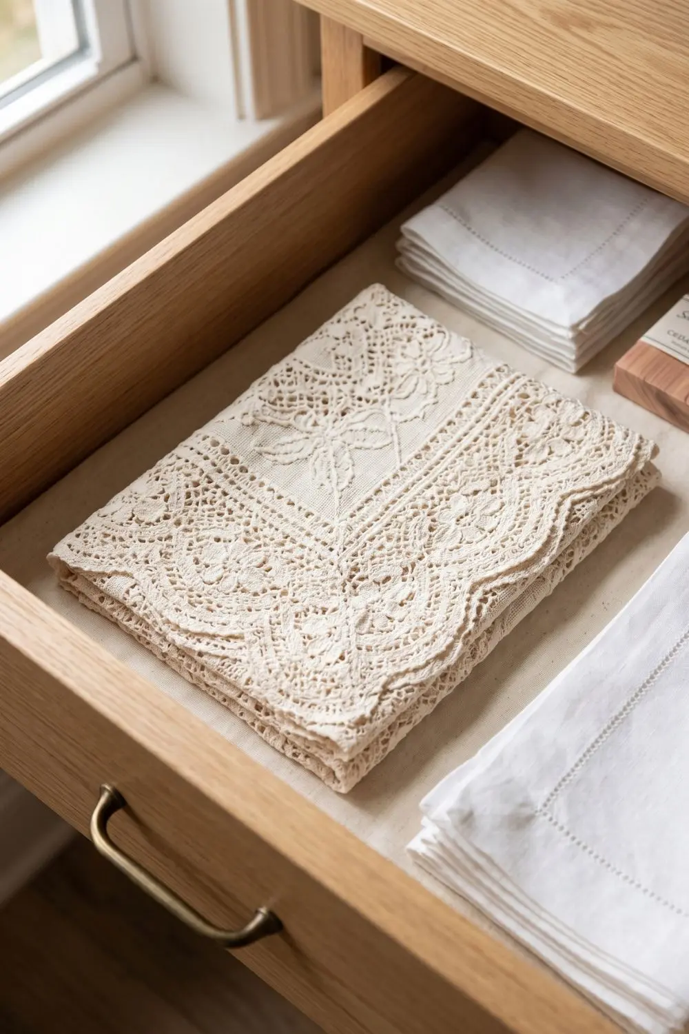 Folded ivory lace tablecloth stored flat in a wooden linen drawer beside folded white napkins