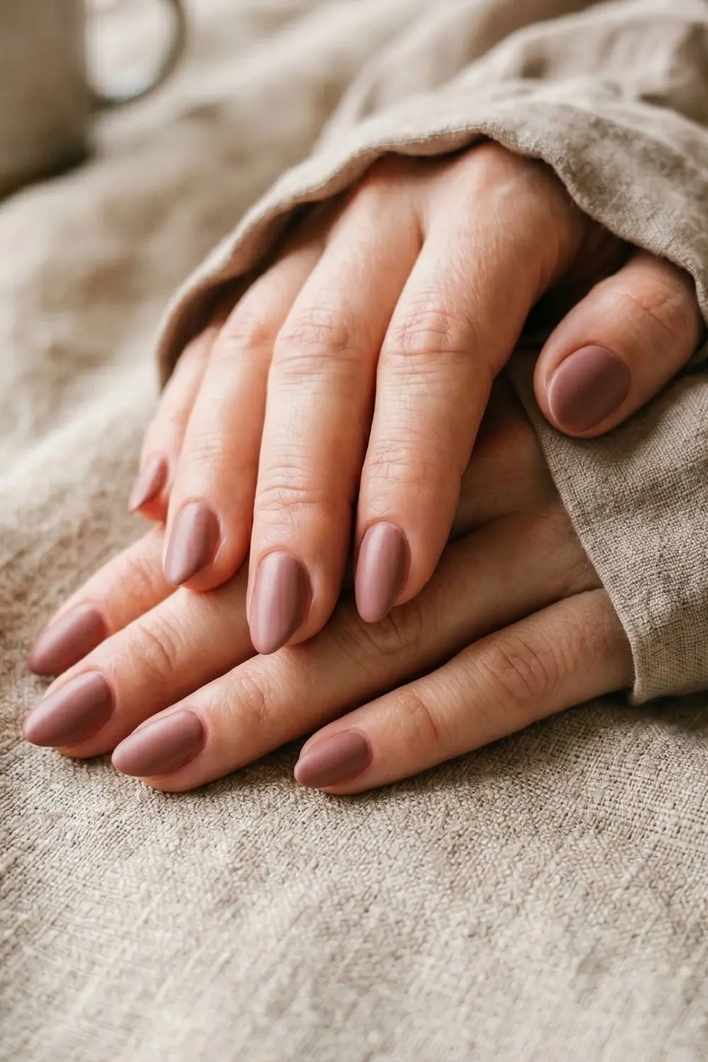Why Women Are Filing Down Their Long Tips for This Nail Shape 2 Short almond nails with muted terracotta polish on linen fabric