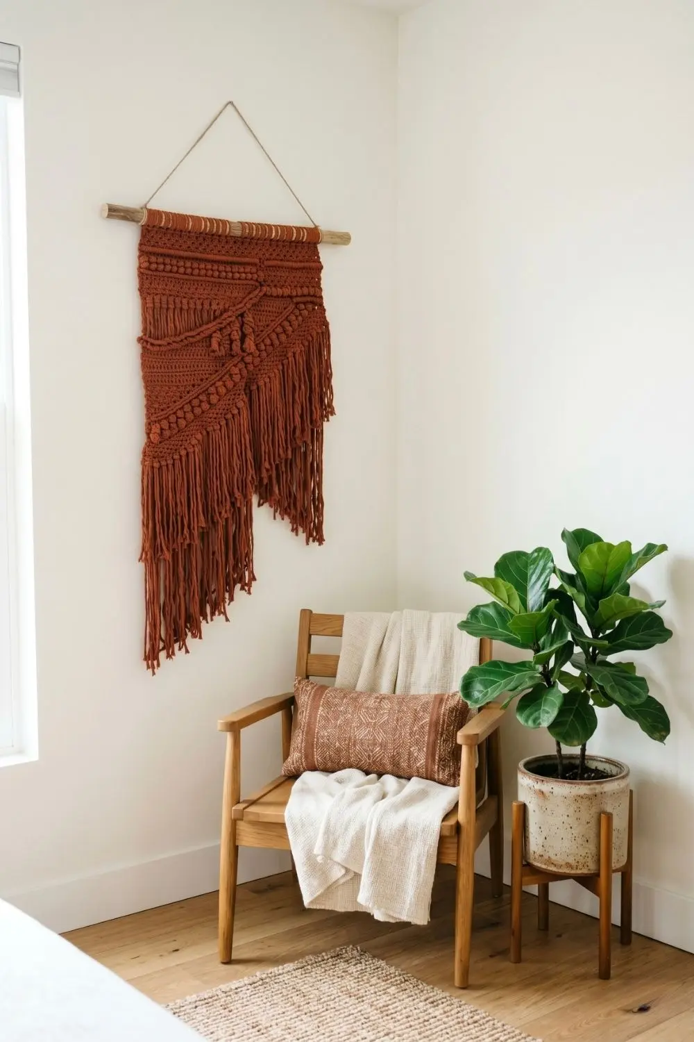 5 Stunning Boho Crochet Wall Hangings to Transform Your Bedroom Retreat 2 An asymmetrical, terracotta-colored macrame wall hanging suspended in a clean bedroom corner above a sleek mid-century modern wooden armchair with a throw and pillow.