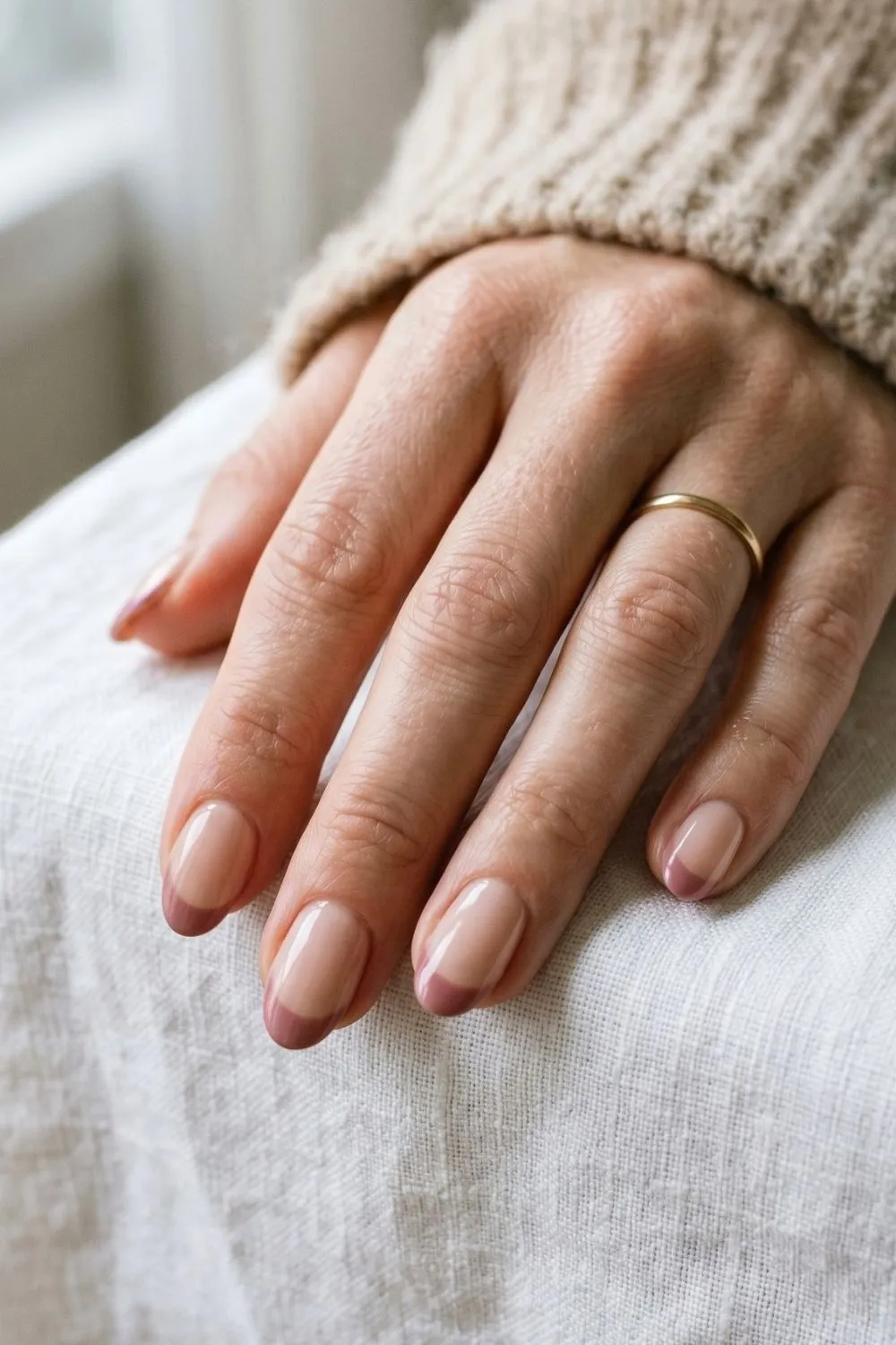 6 Modern French Tip Nail Variations Everyone Is Asking for Right Now 1 Close-up of oval nails with a dusty rose colored French tip on a neutral base, beige sleeve at wrist