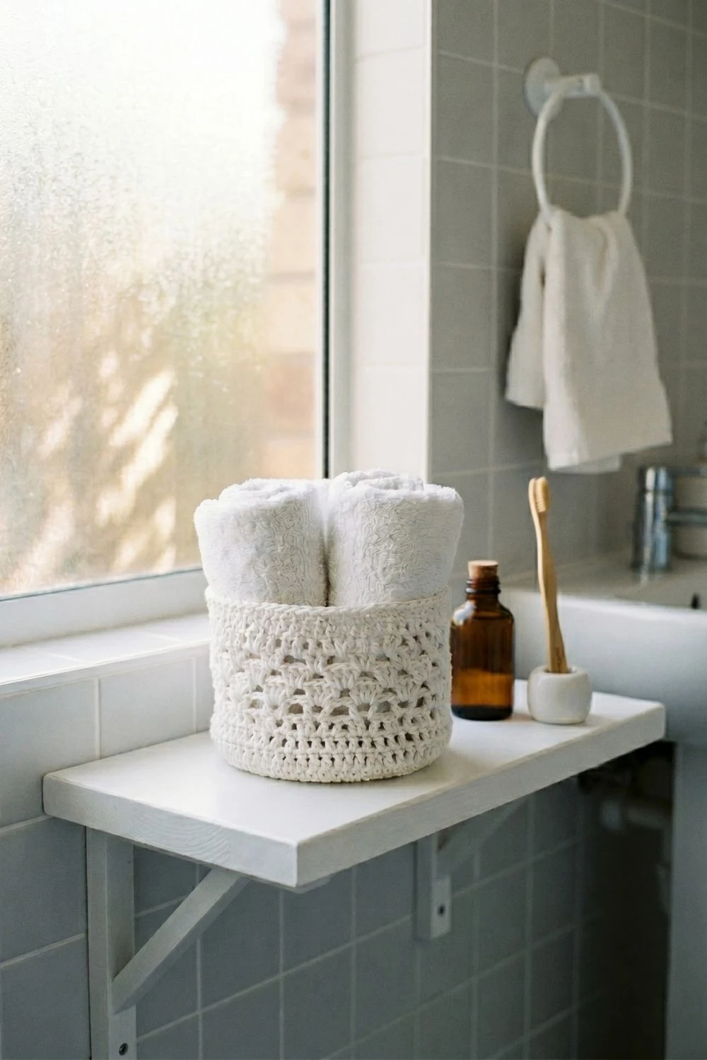 9 Crochet Basket Ideas for Every Room: When Storage Finally Looks Like Decor 2 Compact white cotton crochet basket on bathroom shelf with rolled towels