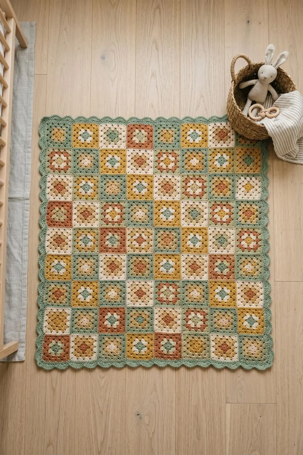 Square crochet play mat made of granny squares in sage green, mustard yellow, cream and terracotta tones on a neutral nursery floor