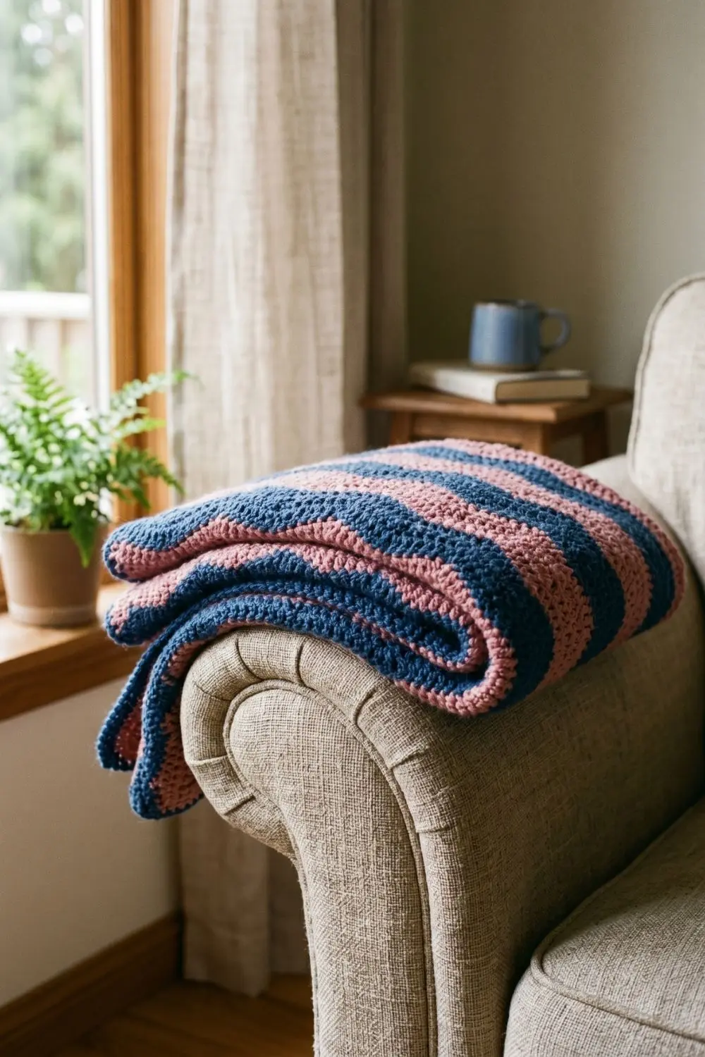 A folded crochet throw blanket in moody blue and vintage pink stripes resting on the rolled arm of a linen sofa beside a sunlit window