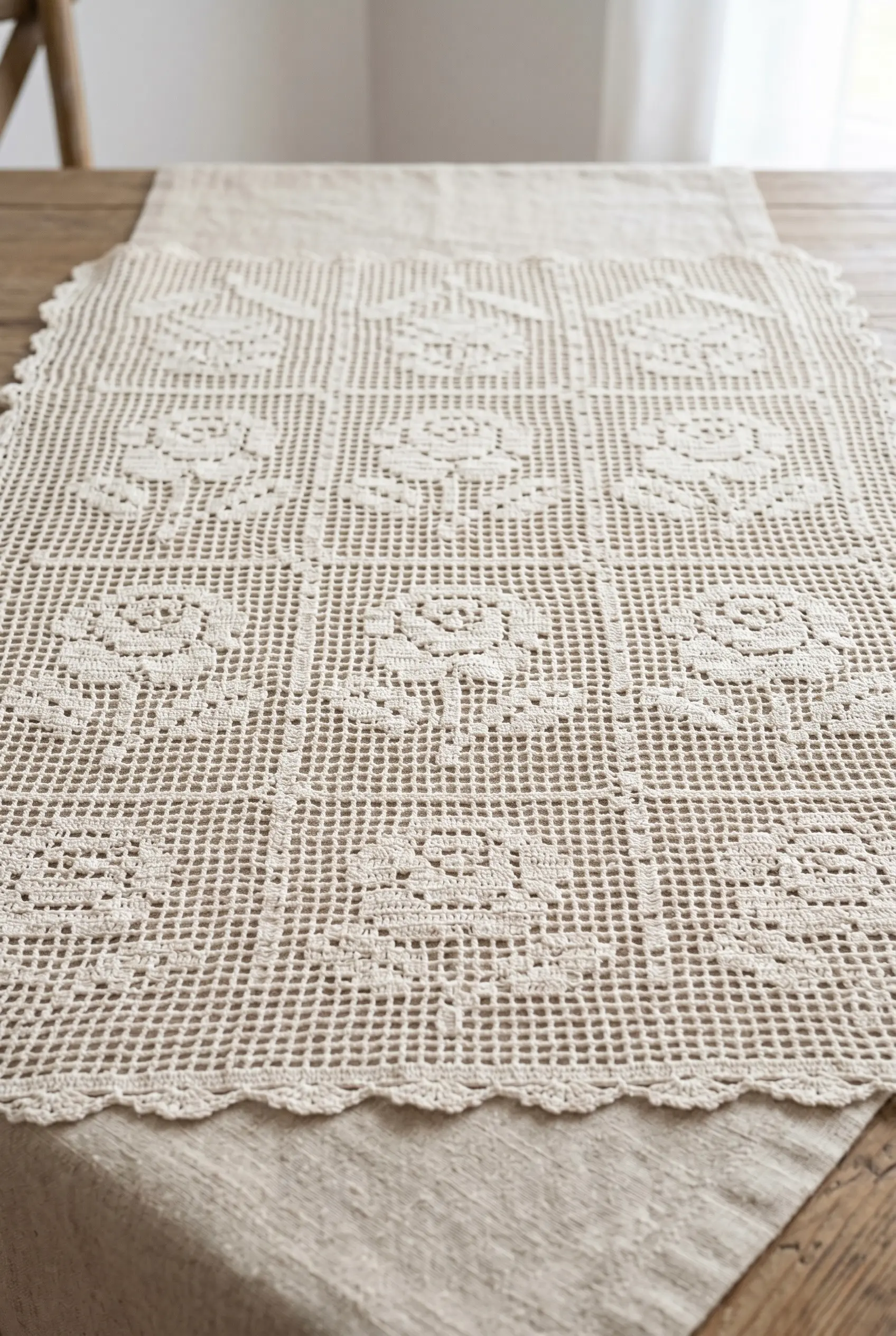 5 Vintage Aesthetics: Crochet Tablecloth Designs for Elegant Dining 2 Detailed view of a filet crochet tablecloth featuring geometric grid-based rose motifs spread over a beige linen underlay.