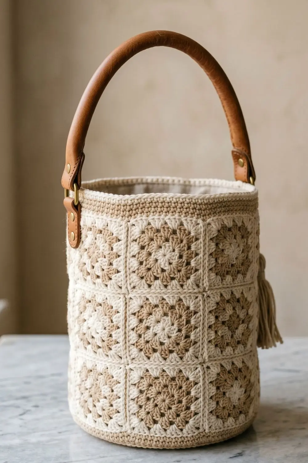 Granny Square, All Grown Up: Modular Crochet Designs Worth Showing Your Artisan 2 A structured crochet bucket bag assembled from ivory and warm sand granny square motifs on a smooth stone surface, single rolled leather handle visible, no people.