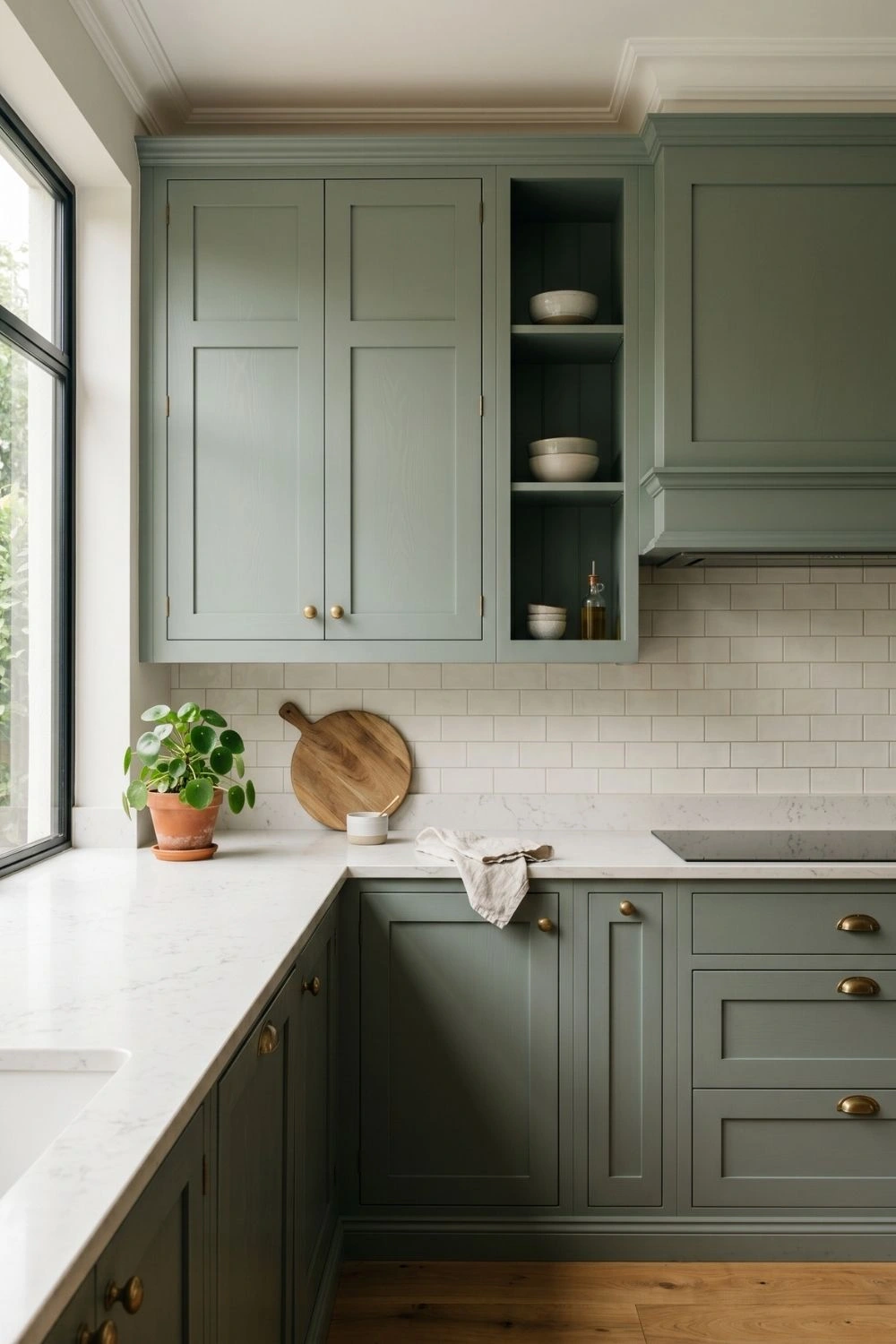 full-height sage green kitchen cabinets with unlacquered brass hardware and warm white countertop