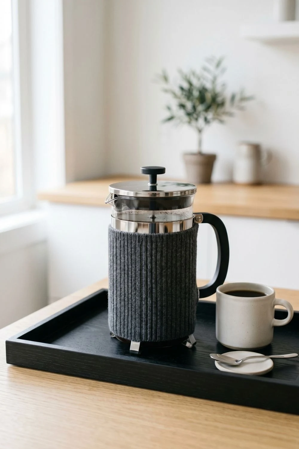 Glass French press wearing a charcoal grey ribbed knit sleeve on a black wooden tray.