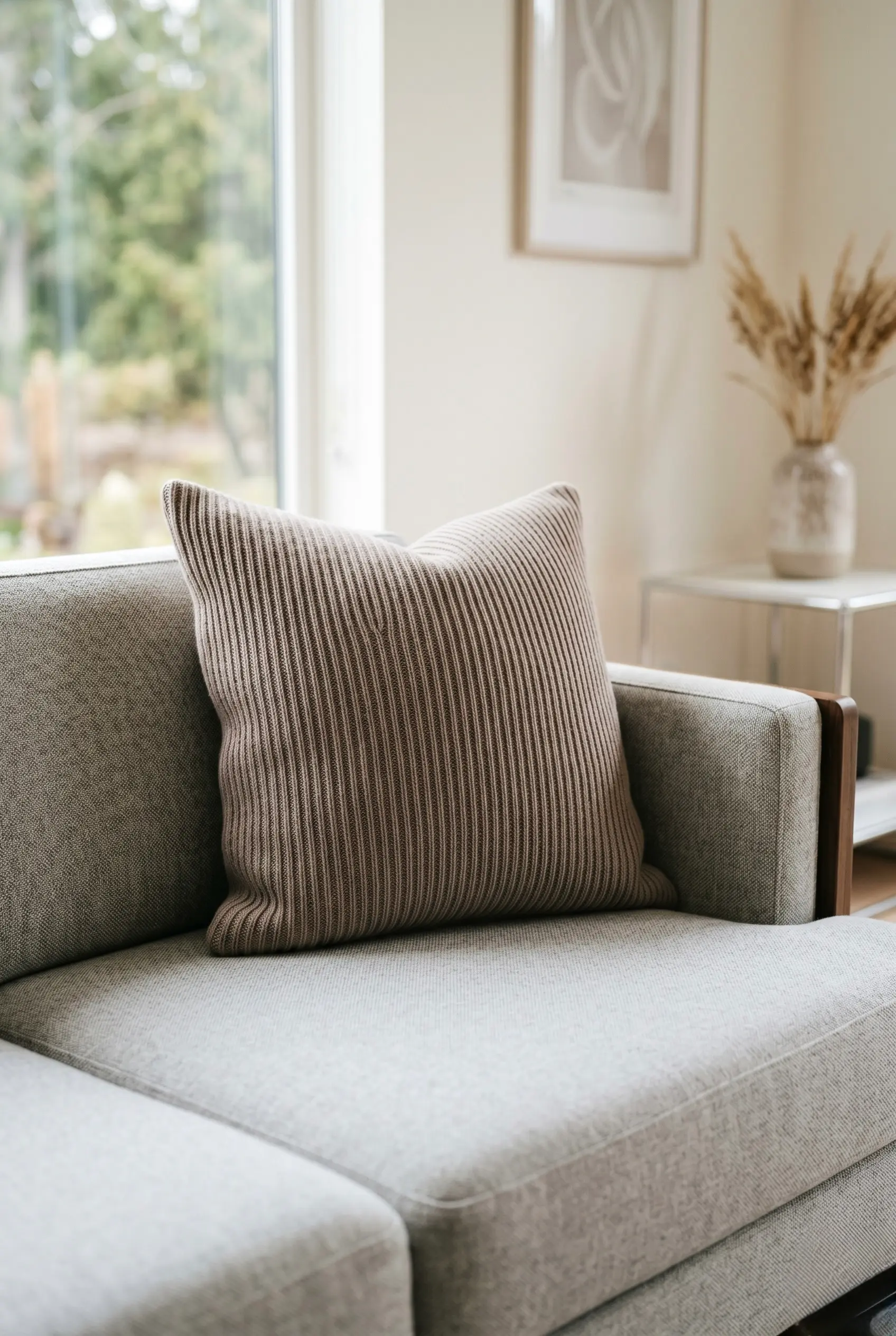5 Ways Rustic Knitted Throw Pillows Can Completely Upgrade Your Sofa 2 A tightly ribbed knitted throw pillow in a warm taupe color resting on a structured contemporary sofa.