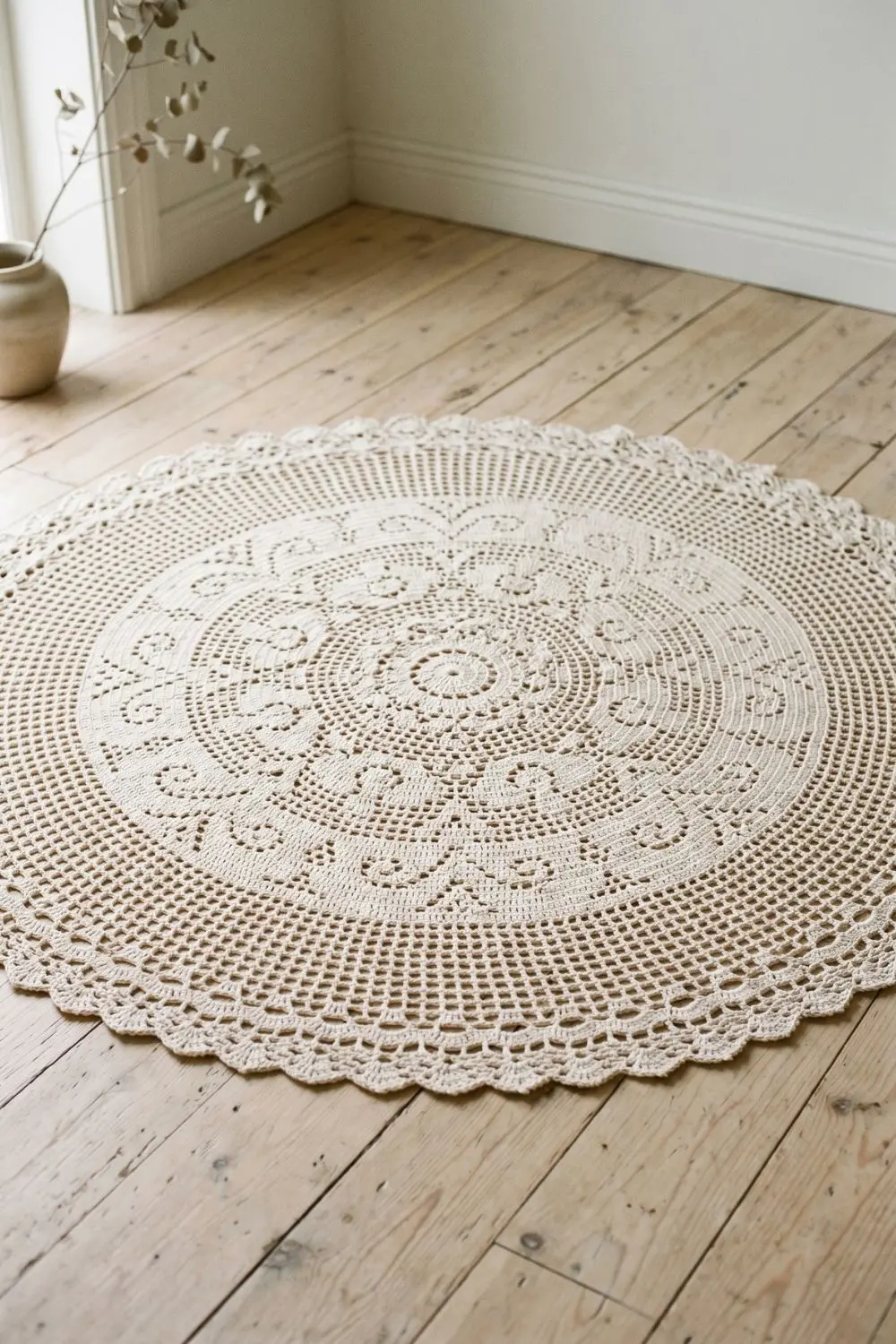 6 Crochet Rugs That Recall Grandmother's Living Room 2 Round filet lace crochet rug in neutral cream