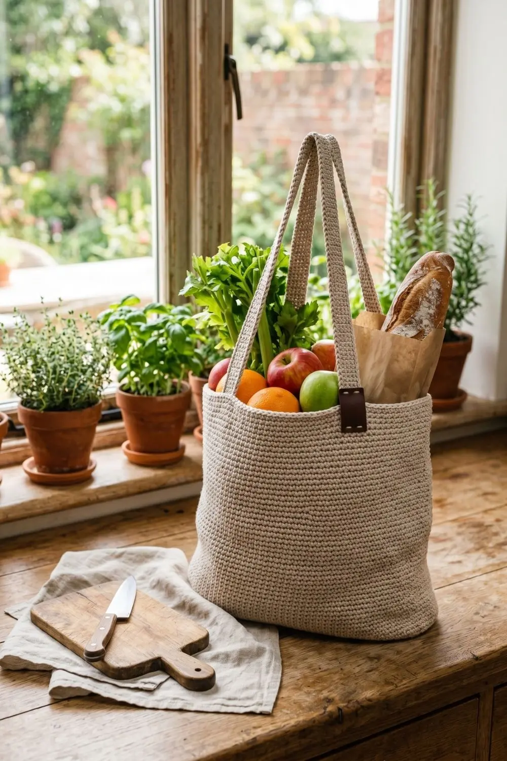 6 Kitchen Crochet Tote Bags for Everyday Use: Styles Worth Sharing With an Artisan 2 Sturdy oat-coloured crochet grocery tote bag standing upright on a kitchen counter