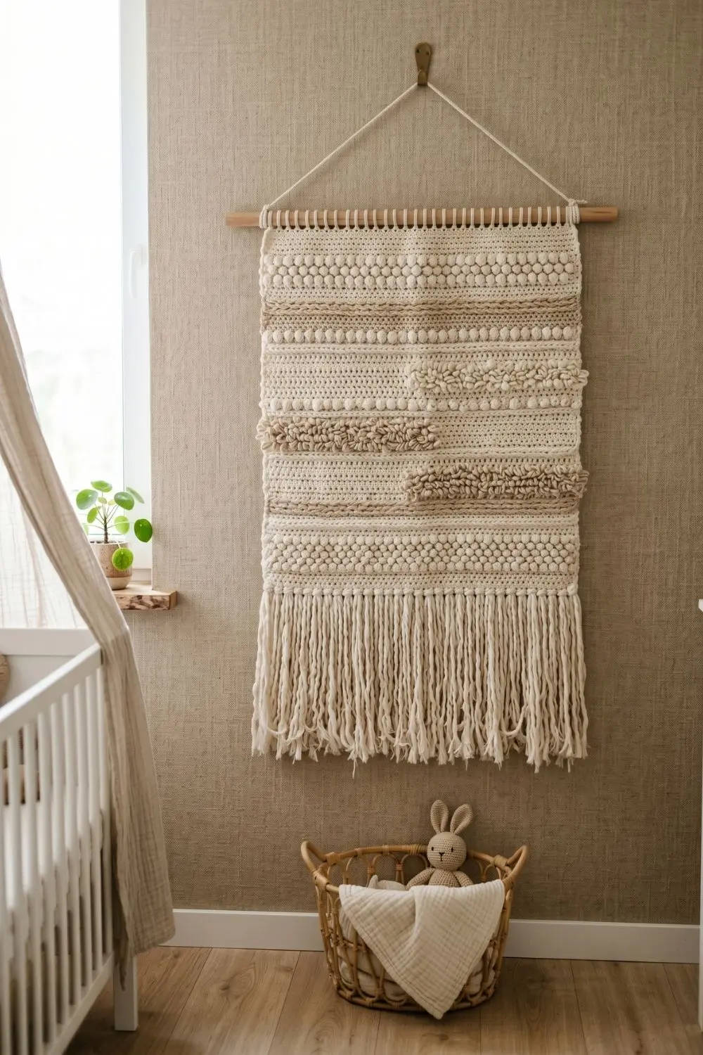8 Crochet Wall Hanging Ideas for a Calm Nursery Corner: Soft Designs Worth Saving 2 Natural cotton crochet fringe tapestry hanging in a beige nursery corner