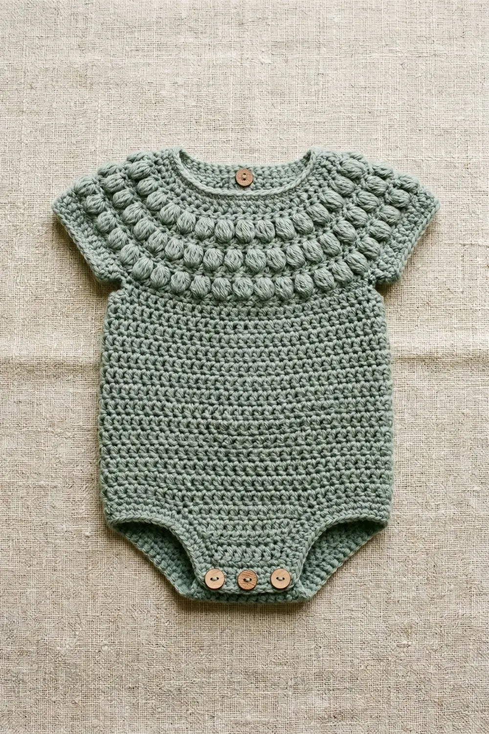 Dusty sage green crochet baby romper with raised bobble-stitch yoke and wooden button gusset fastening, laid flat on undyed natural linen