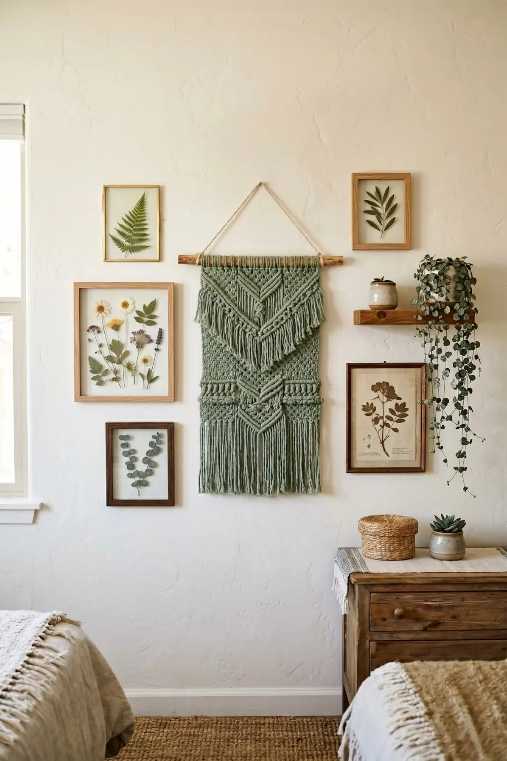 5 Stunning Boho Crochet Wall Hangings to Transform Your Bedroom Retreat 3 A curated boho gallery wall featuring framed pressed botanical art surrounding a medium-sized sage green macrame wall hanging in a serene bedroom setting.