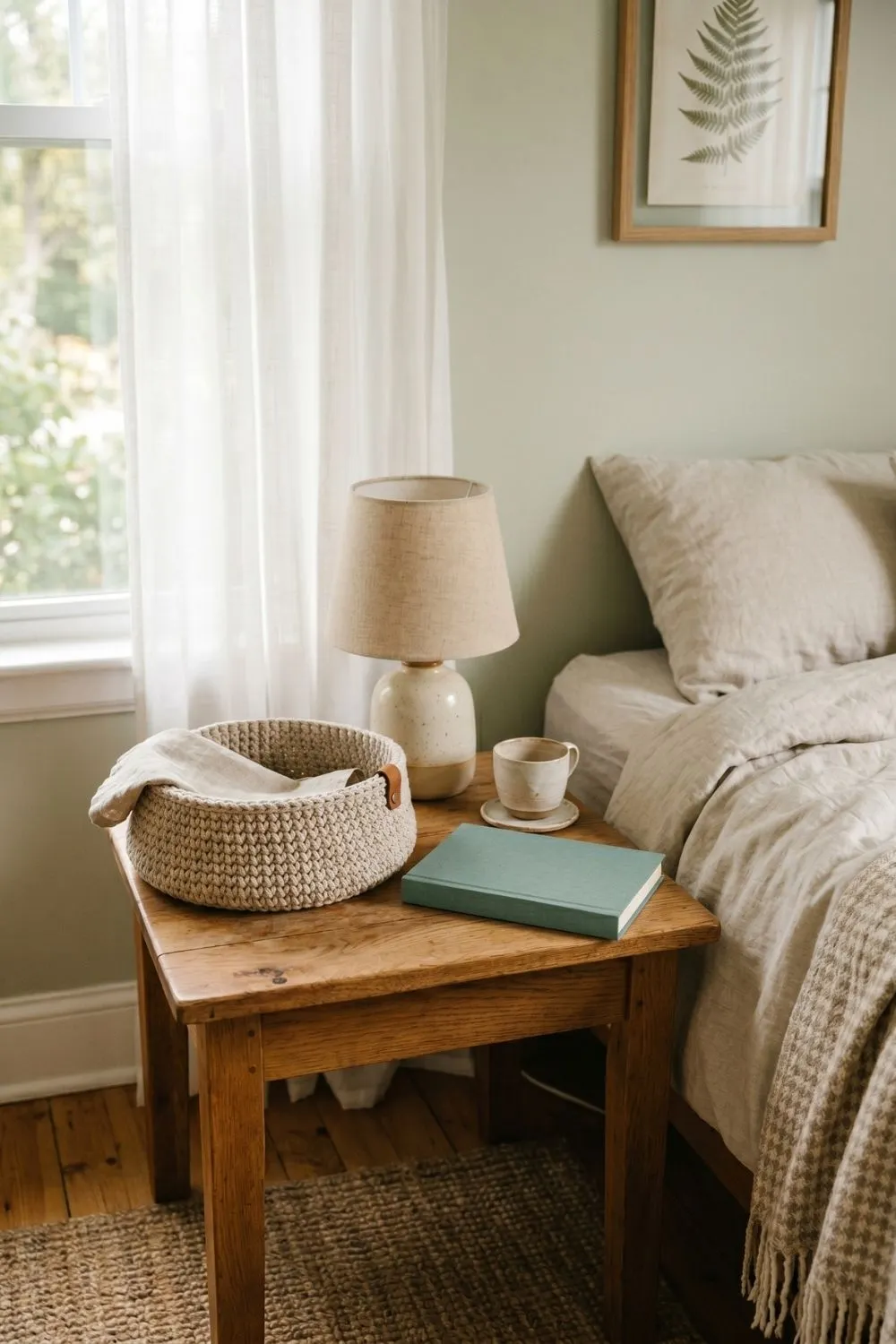 9 Crochet Basket Ideas for Every Room: When Storage Finally Looks Like Decor 3 Shallow cream crochet basket on wooden bedside table beside a lamp and book