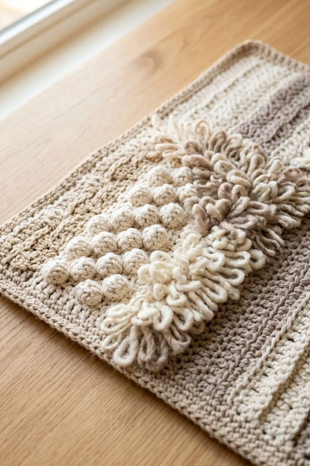 Close-up of a crochet sensory play mat with raised bobble stitches, looped sections and flat areas in beige, ivory and taupe tones