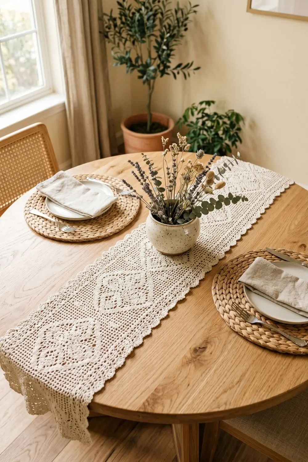 Long ivory crochet doily runner down the centre of a round wooden dining table with a ceramic bowl of dried flowers