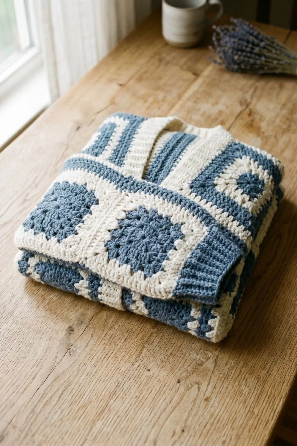 Granny Square, All Grown Up: Modular Crochet Designs Worth Showing Your Artisan 3 A generously cut modular crochet cardigan in dusty blue and warm white, folded neatly on a light oak surface. Relaxed silhouette, no body lines, no face, soft natural light.