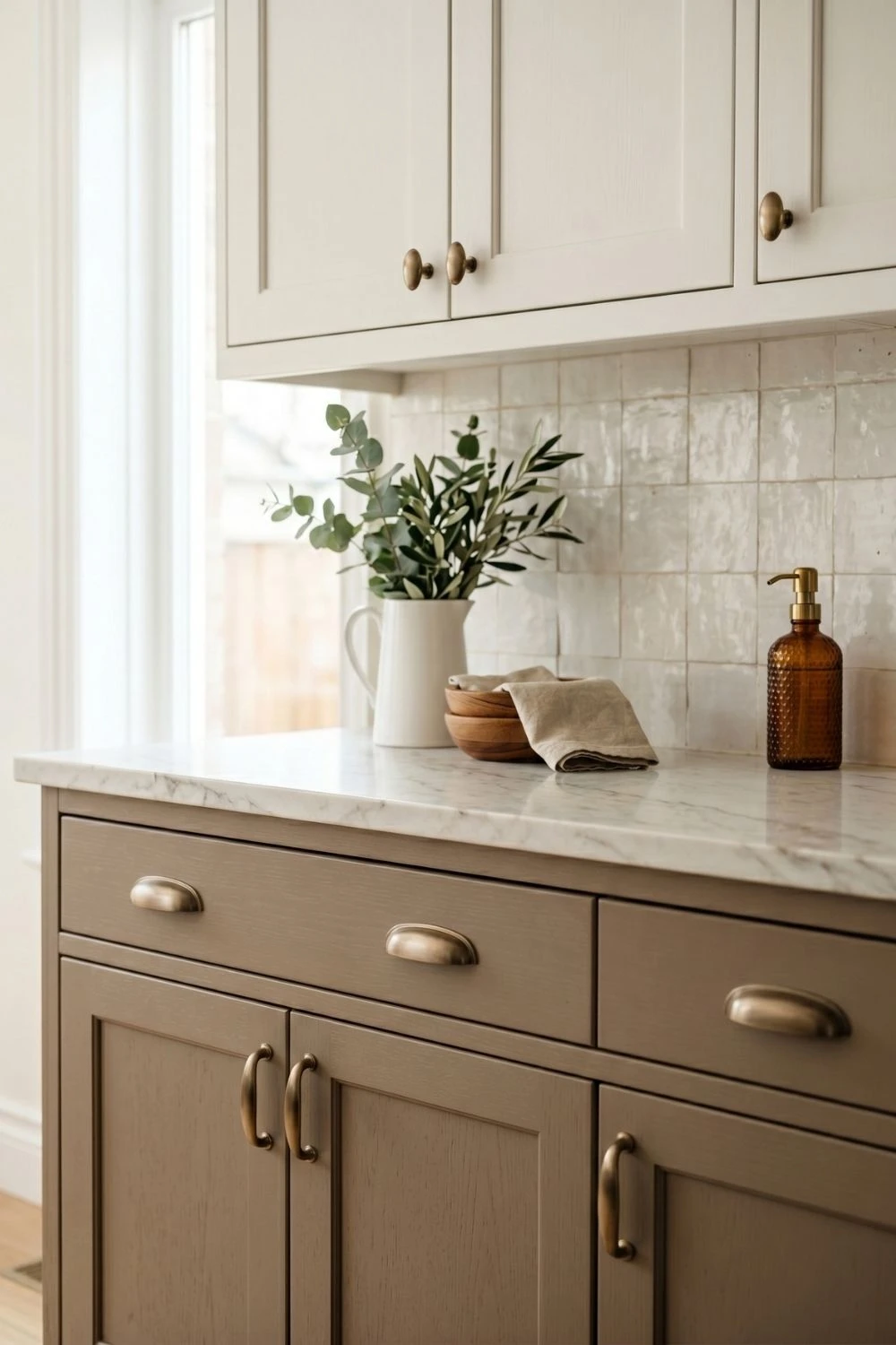 two-tone kitchen with warm mushroom lower cabinets and off-white upper cabinets brushed bronze hardware
