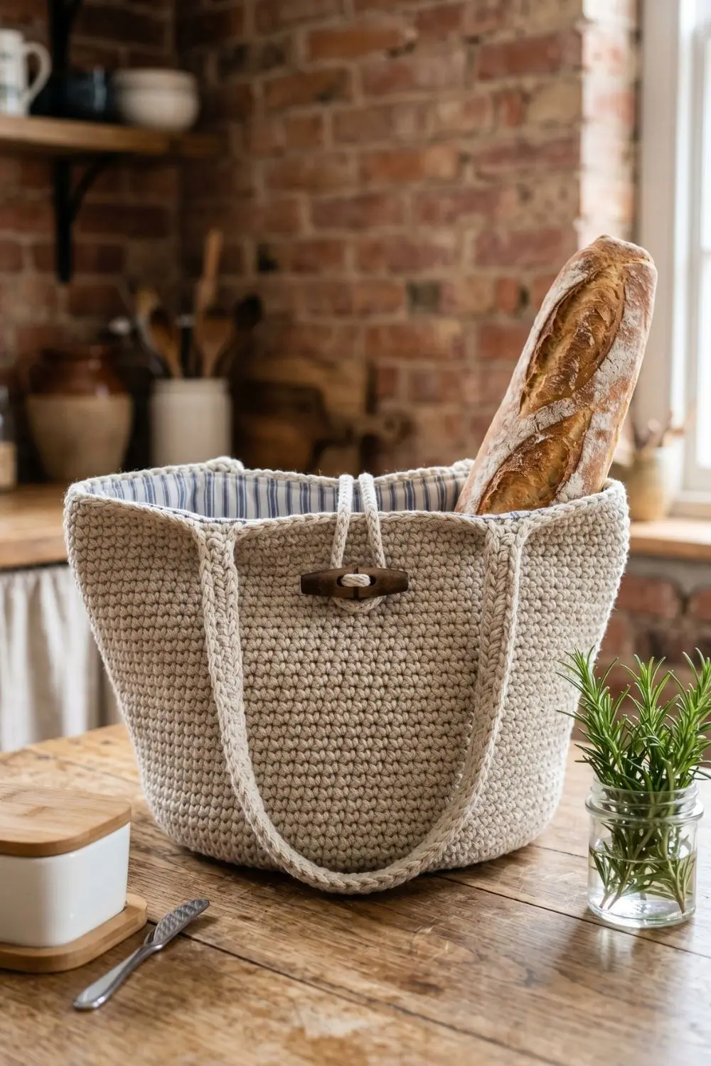 6 Kitchen Crochet Tote Bags for Everyday Use: Styles Worth Sharing With an Artisan 3 Shallow crochet tote bag with fabric lining holding a fresh baguette