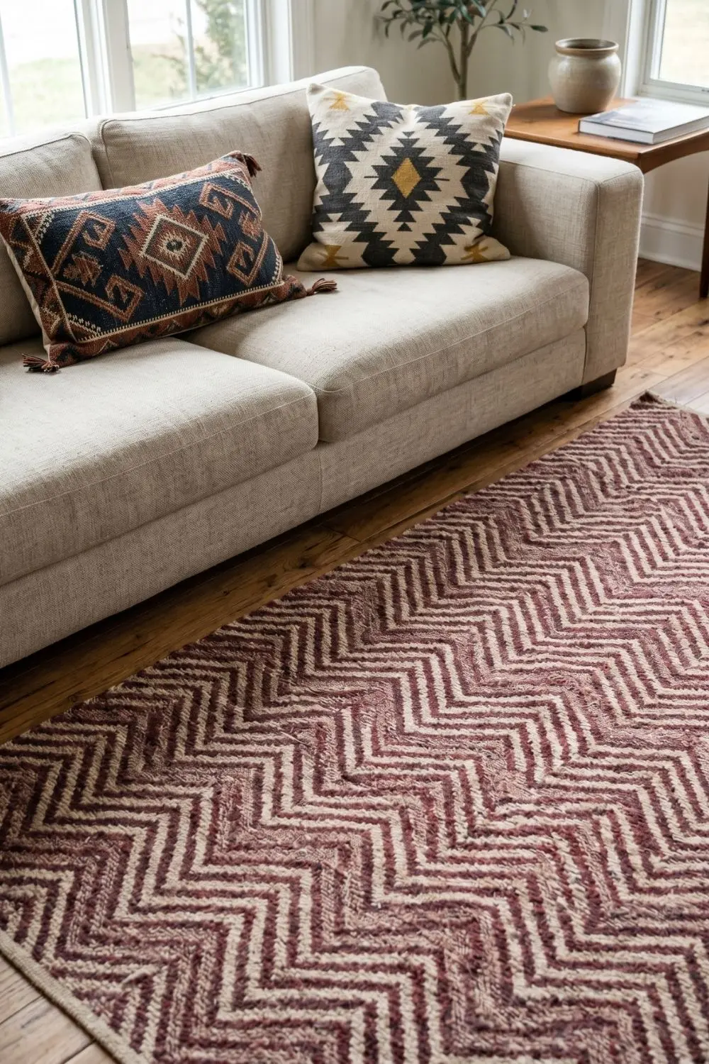 6 Neo Deco Accents Bringing Chrome and Geometric Lines Indoors 4 Chevron-patterned area rug with geometric cushions in muted jewel tones